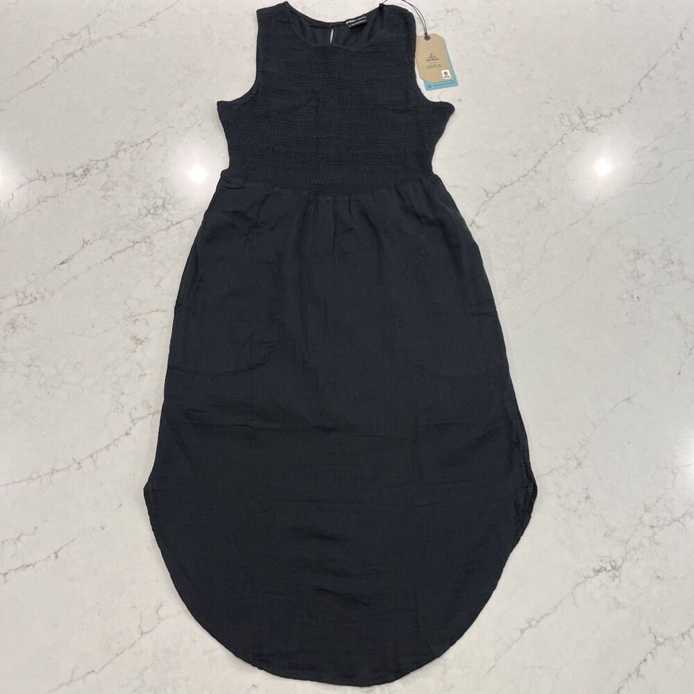 prAna NEW XS Seakissed Dress‎ Black Organic Ruched Pockets Lightweight Midi